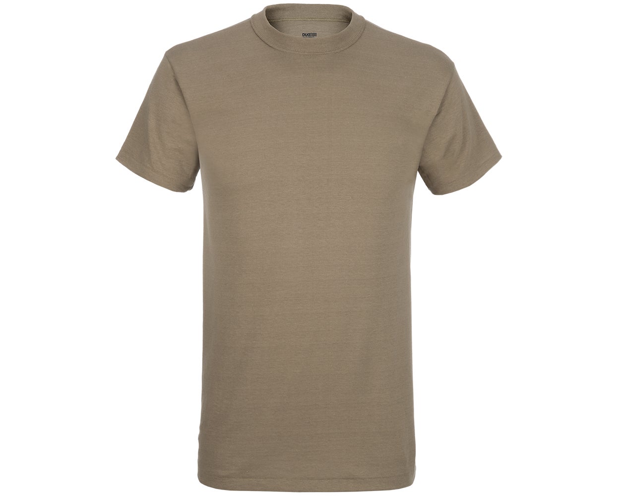 Product shot of a beige short-sleeved t-shirt showing the garment's texture and subtle color variations against a white background