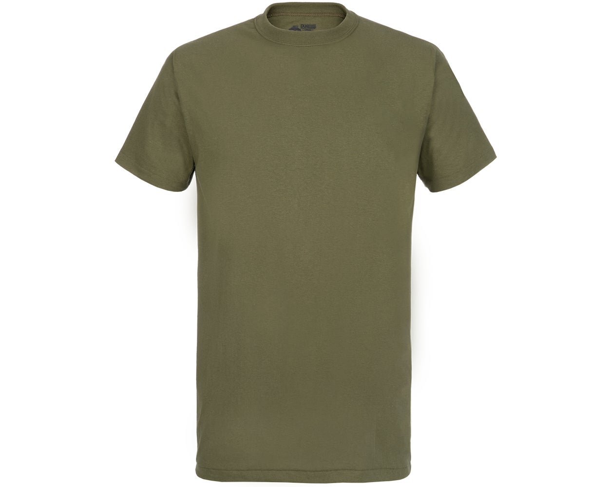 Product shot of a plain olive green Gildan t-shirt showcasing its soft fabric, crew neck, and short sleeves against a white background