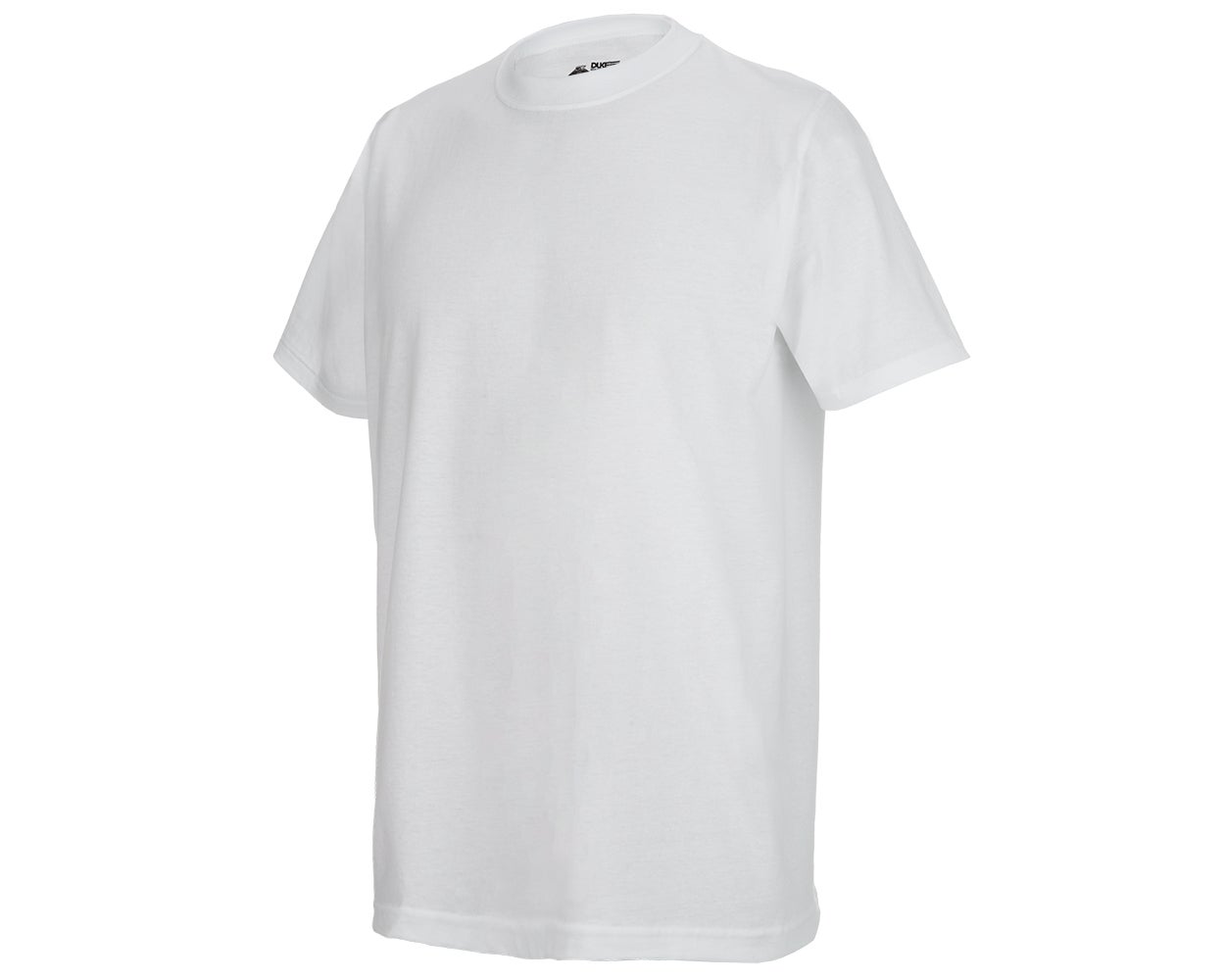 Product shot of a plain white Dux t-shirt showing its simple design, soft cotton texture, and a small, dark logo near the neckline