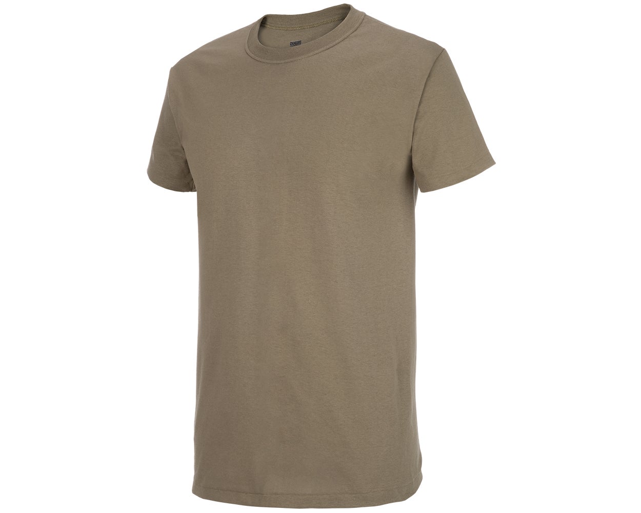 Product shot of a plain olive-green cotton t-shirt with a crew neck and short sleeves showing subtle texture and a small tag detail