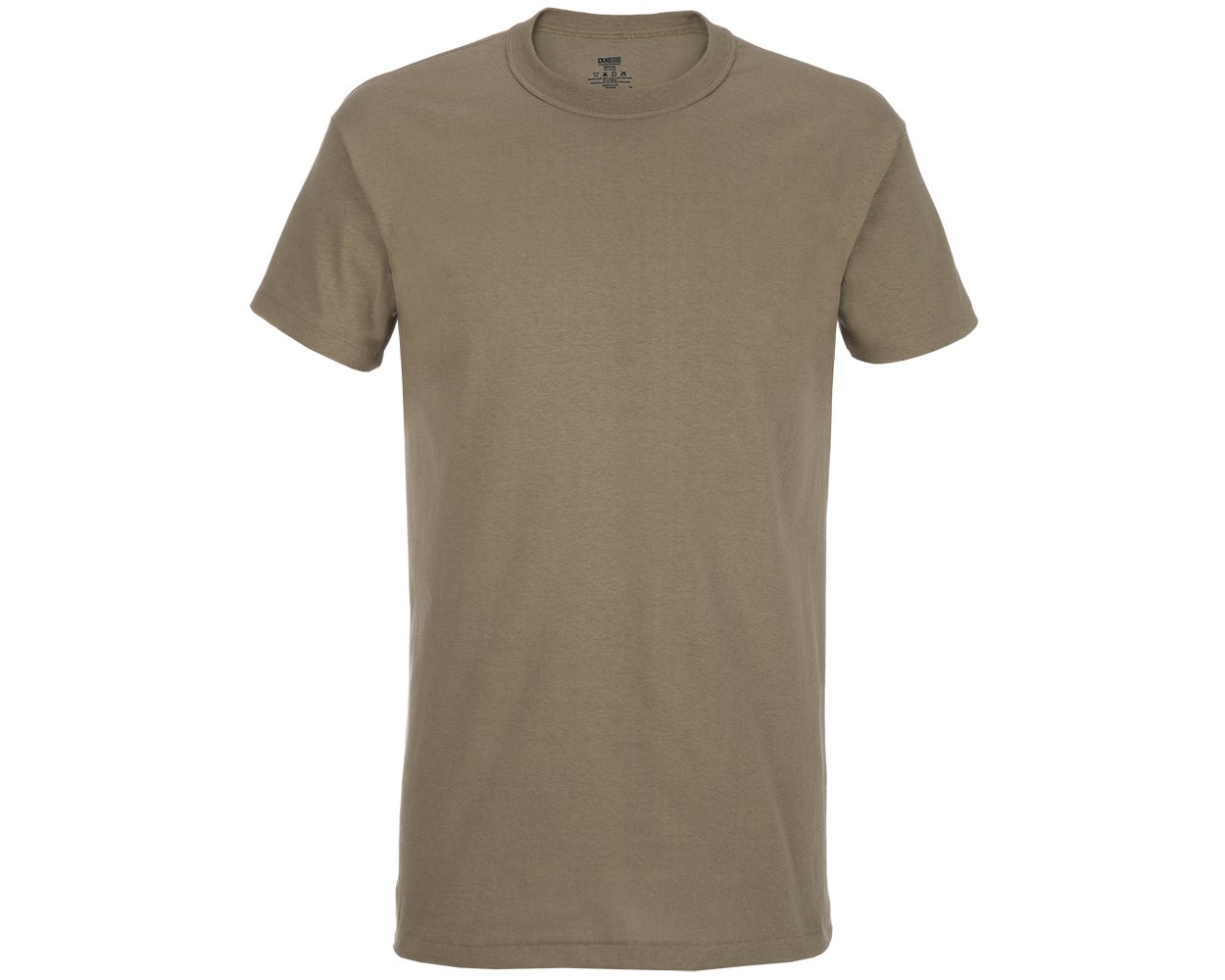 A Gildan 5000 short sleeve t-shirt in military green showcasing a crew neck, soft fabric, and a relaxed fit