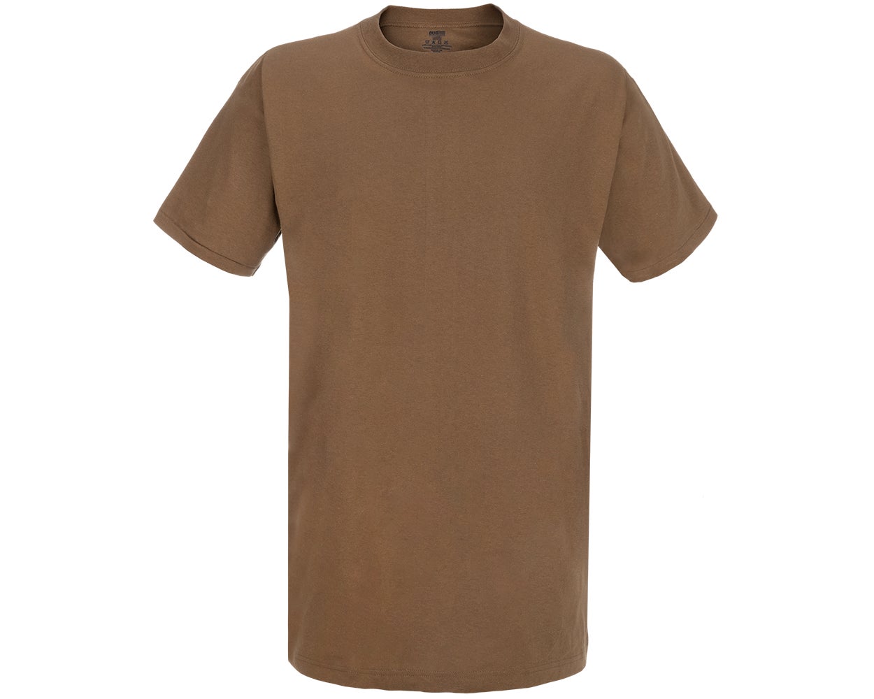 Product shot of a brown cotton Gildan t-shirt on a white background showing its crew neck and short sleeves