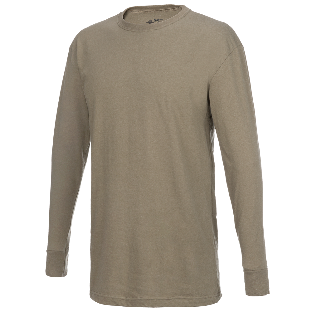 Product shot of a Duke long-sleeve shirt in a muted khaki color featuring a crew neck and subtle branding details showcasing the soft, comfortable fabric and relaxed fit