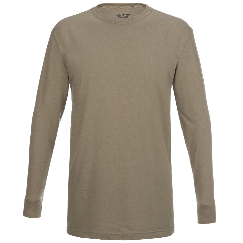 Product shot of a Duke long-sleeve shirt in a light beige color showcasing its soft fabric and ribbed cuffs against a neutral background
