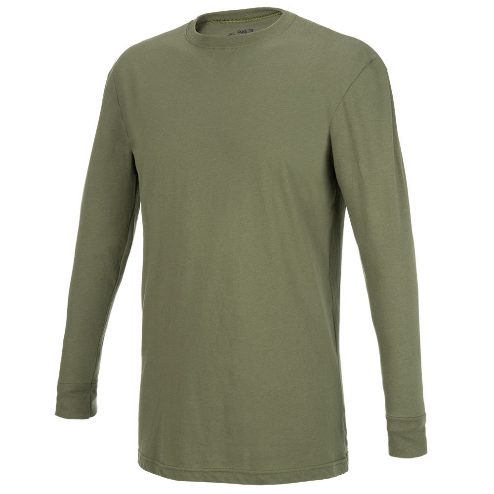Product shot of a Duke olive-green long-sleeve t-shirt showcasing its soft fabric subtle texture and crew neck design