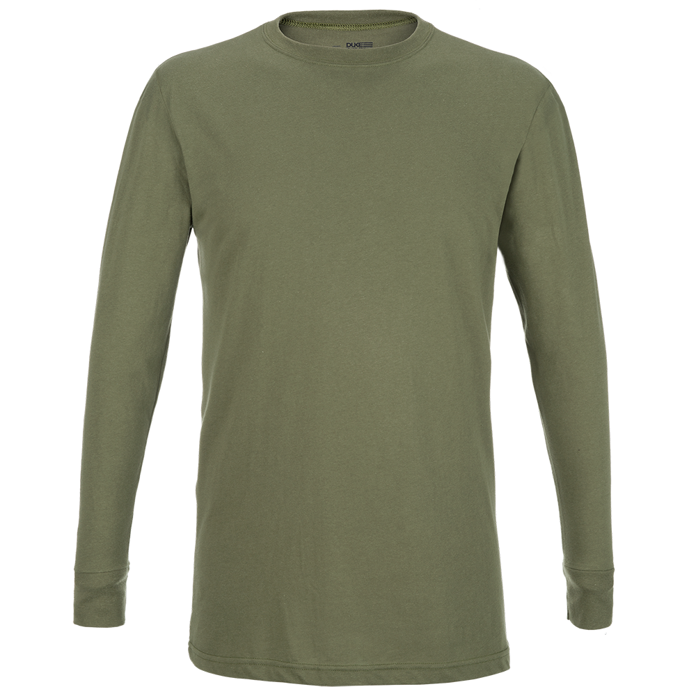 Product shot of a Duke olive green long-sleeved crew neck t-shirt showing the soft fabric and subtle ribbing at the cuffs and neckline