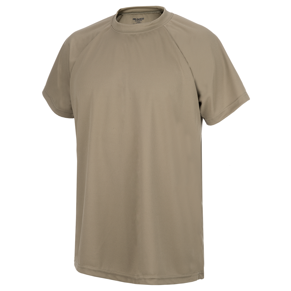 Product image of a beige Pro-Quee Performance short sleeve shirt featuring a crew neck and set-in sleeves showcasing a subtle textured fabric and a lightweight feel