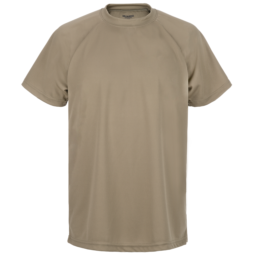 Product image of a Dri-DUX tan short sleeve performance tee shirt featuring a set-in sleeve and a crew neck
