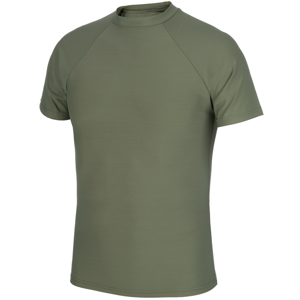 Product shot of a sage green short sleeve raglan t-shirt with a crew neck and subtle stitching details