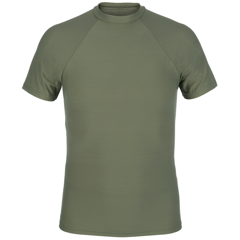 Product shot of a solid olive green, short-sleeved crew neck t-shirt with raglan sleeves and subtle stitching detail