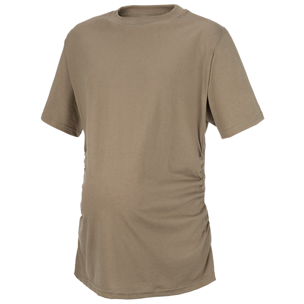 A taupe short-sleeved maternity t-shirt featuring a cinched waist and soft fabric texture, showcasing a relaxed fit ideal for comfort and style.