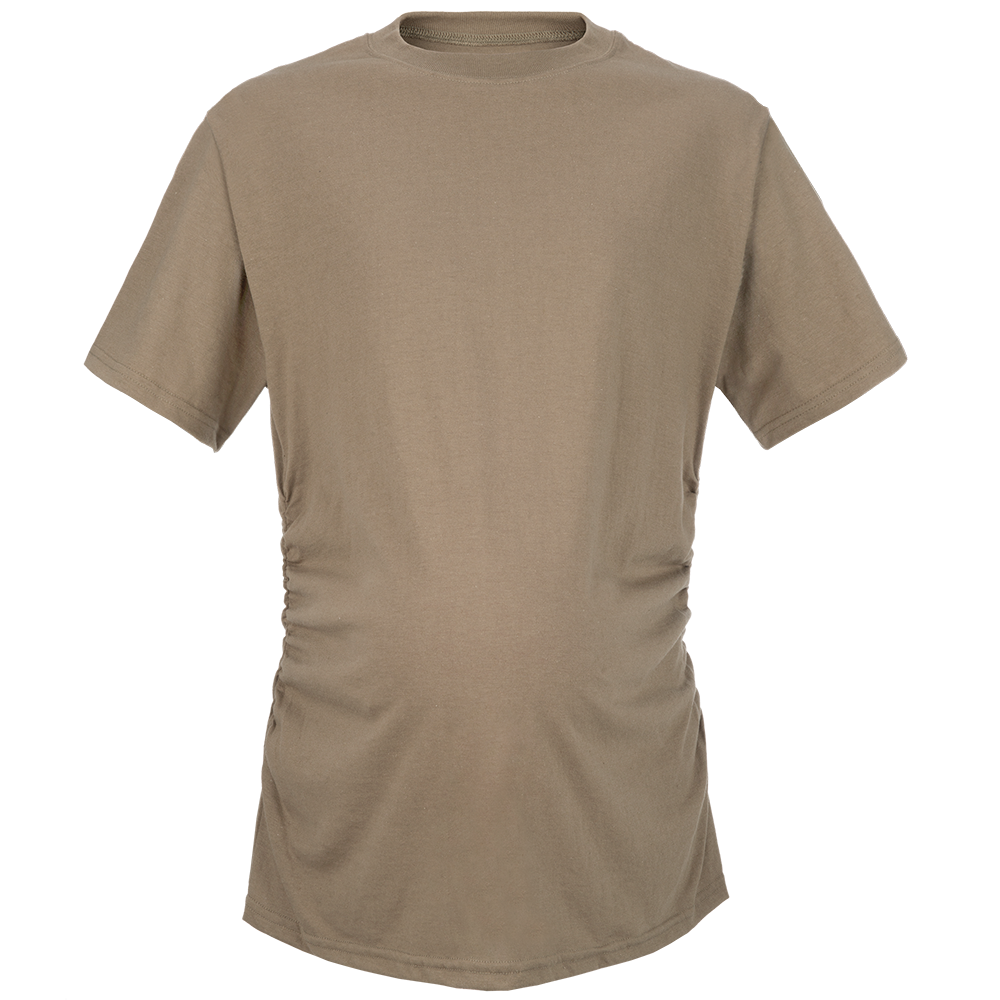 A photograph of a taupe short-sleeved t-shirt showing subtle ruching at the sides and a crew neck