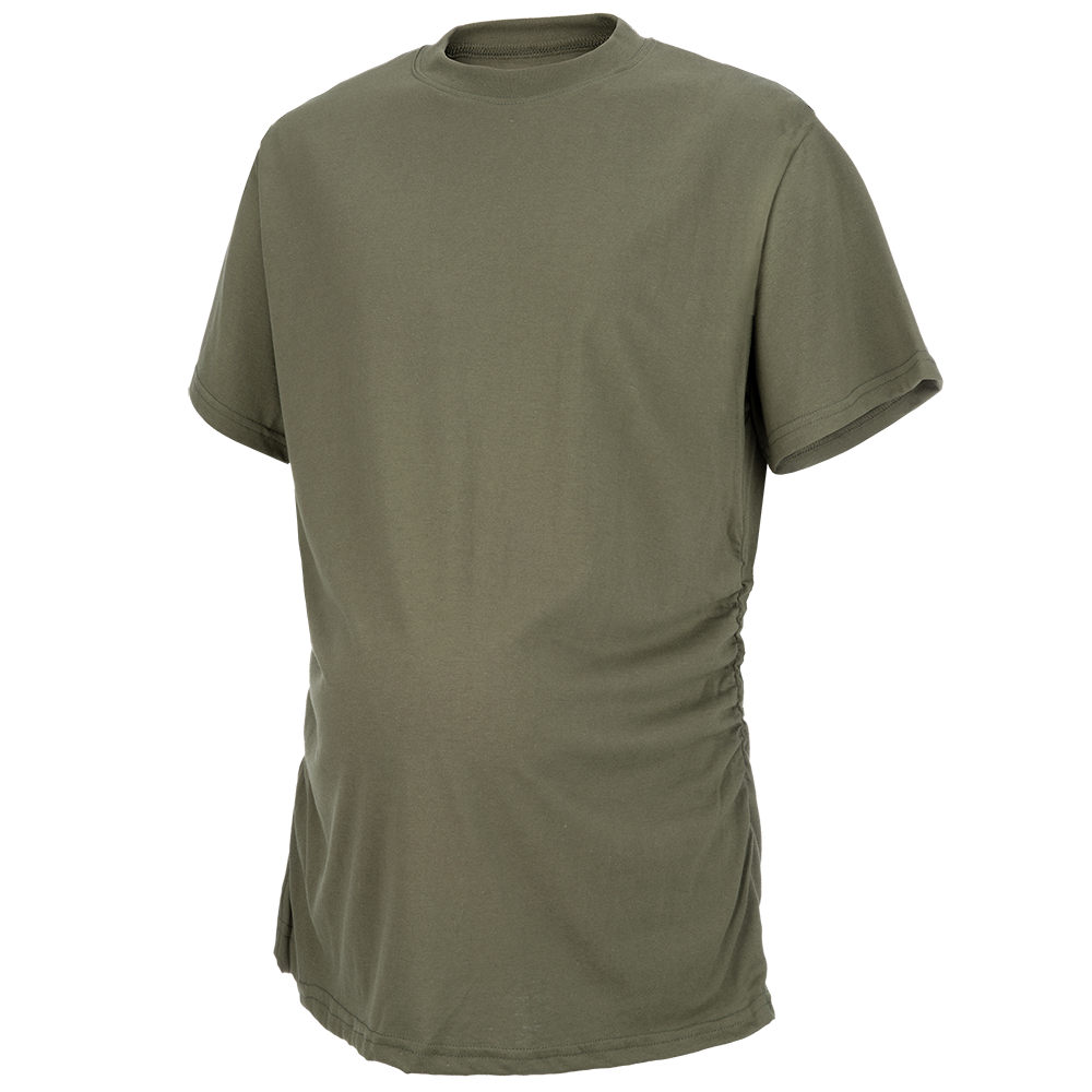 Product shot of a sage green maternity t-shirt featuring a side ruching detail and a relaxed fit showcasing soft fabric and subtle stitching