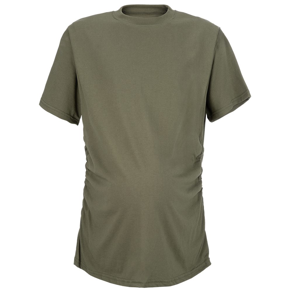 Product shot of a sage green short-sleeved maternity t-shirt featuring a cinched waist and soft fabric texture
