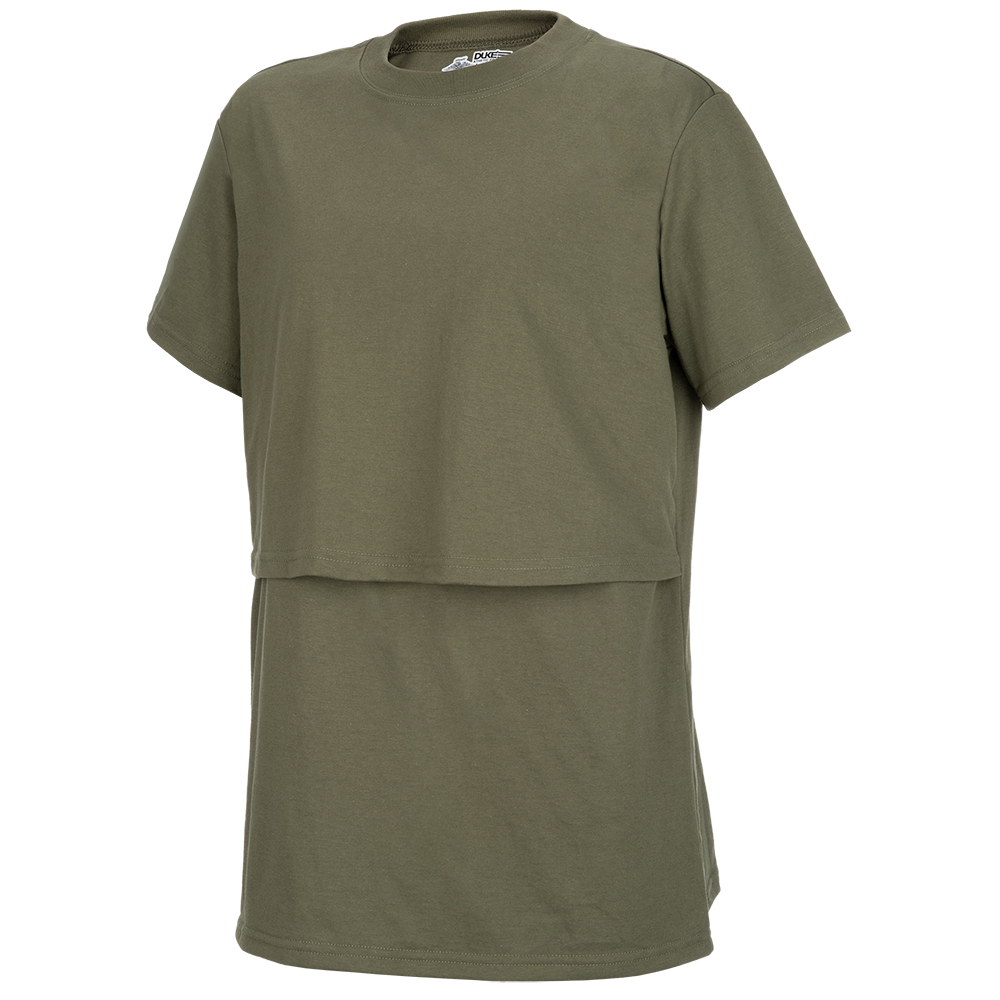 Product shot of a Duke olive green double layered t-shirt featuring a crew neck and short sleeves showing the brand label