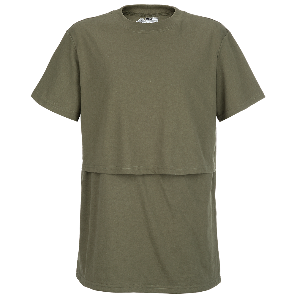 Product shot of a Duke olive green double-layered cotton t-shirt featuring a crew neck and short sleeves showing the brand label