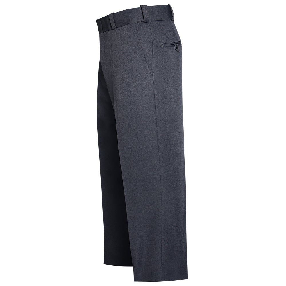 Product shot of dark gray wrinkle-resistant cropped pants featuring a belt loop and a single back pocket with a subtle texture and clean lines