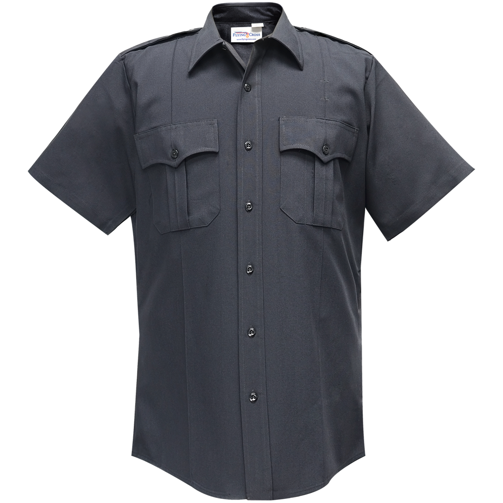 Product shot of a Flying Cross dark gray short-sleeve shirt featuring button-down front, two chest pockets with flaps, and black buttons.