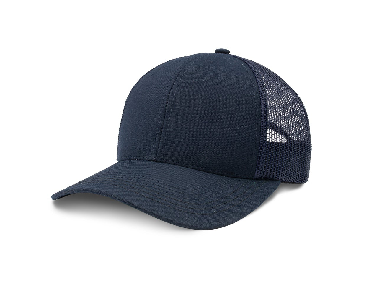 Product shot of a navy blue structured baseball cap with a mesh back featuring subtle stitching and a curved brim against a white background