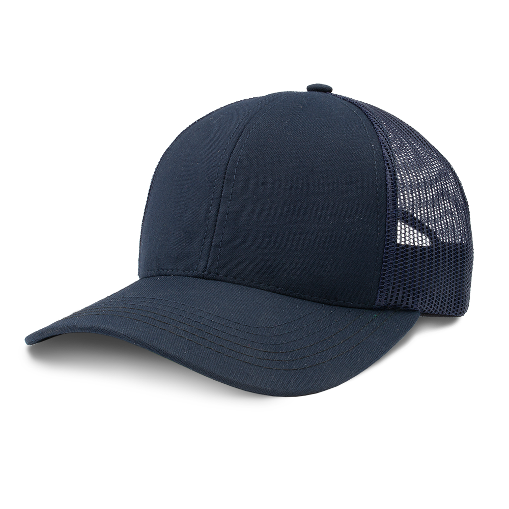 Product shot of a navy blue cotton and mesh trucker hat showing detailed stitching and a curved brim