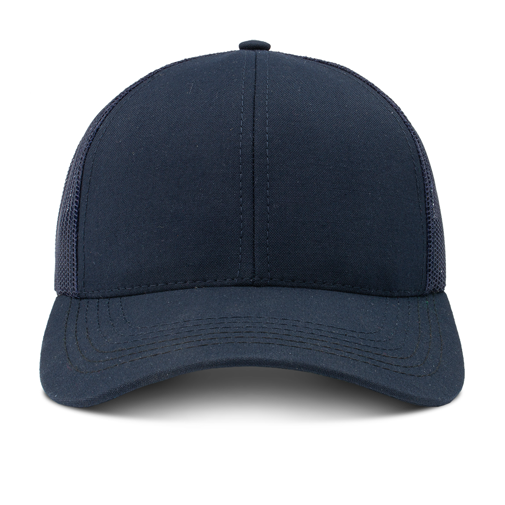 Product shot of a navy blue baseball cap featuring breathable mesh side panels and detailed stitching on a curved brim