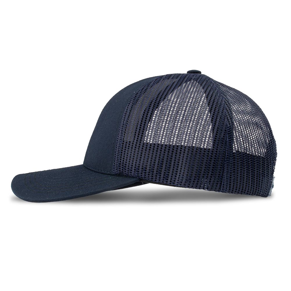 Product shot of a navy blue trucker hat featuring a mesh back breathable panels and a structured front panel