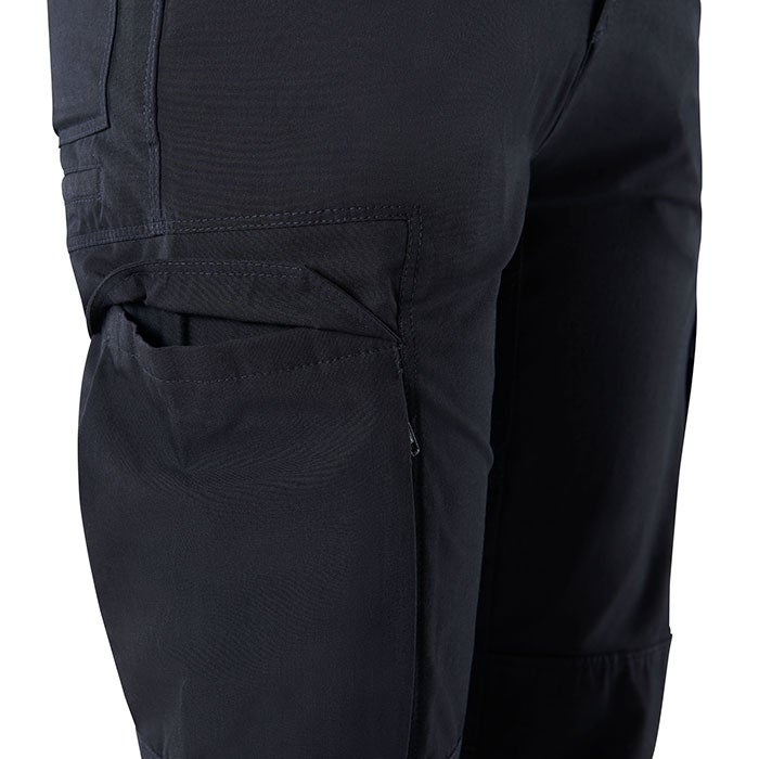 Close-up product shot of dark navy blue cargo pants showing multiple pockets with subtle stitching details and a zipper