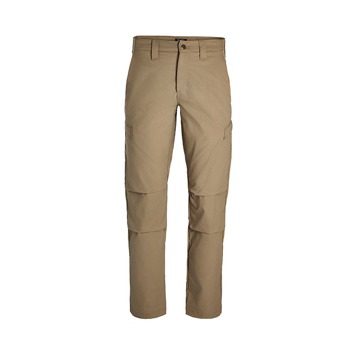 Product shot of tan men's tactical pants featuring multiple pockets reinforced knees and a comfortable fit