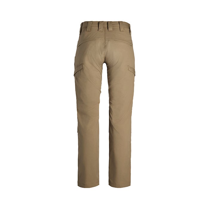 Product shot of tan women's tactical pants featuring multiple pockets and a comfortable, durable design