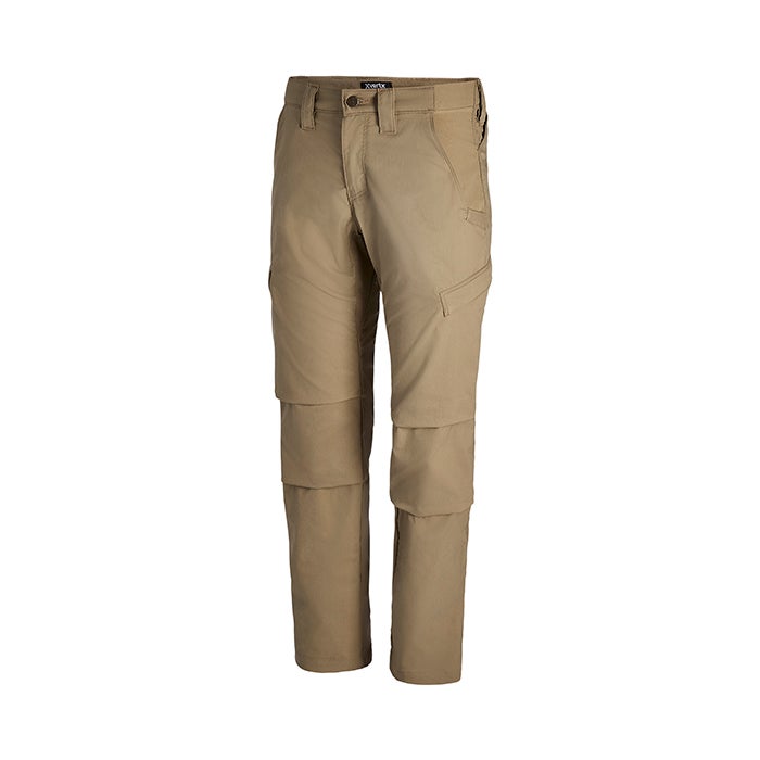 Product shot of Vertex convertible pants showing tan color layered fabric and multiple pockets