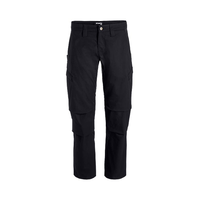 Product shot of Xvert black tactical pants featuring multiple cargo pockets and a buttoned waistband against a white background