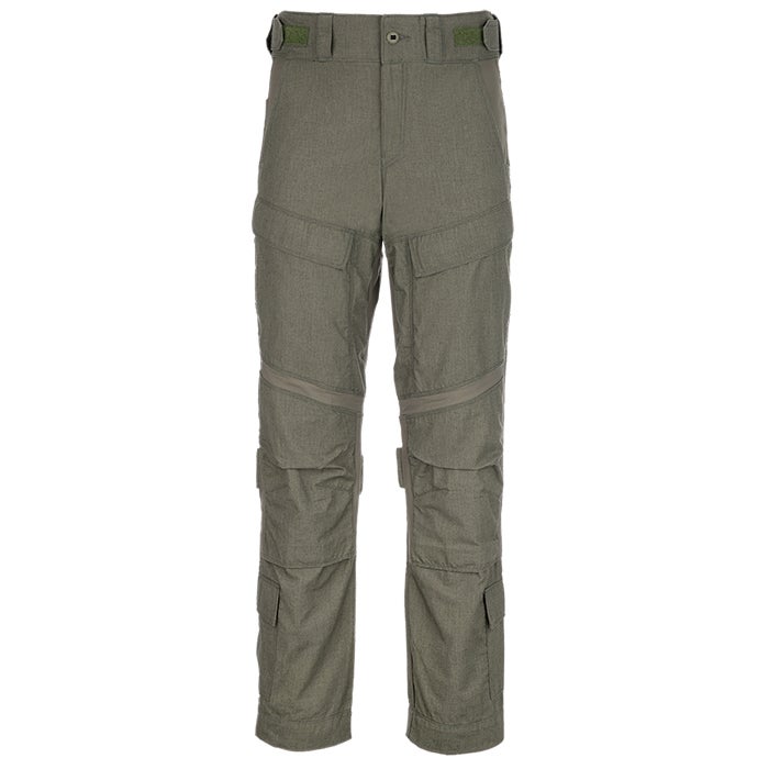 Product shot of olive green tactical pants featuring multiple pockets reinforced knees and a textured fabric