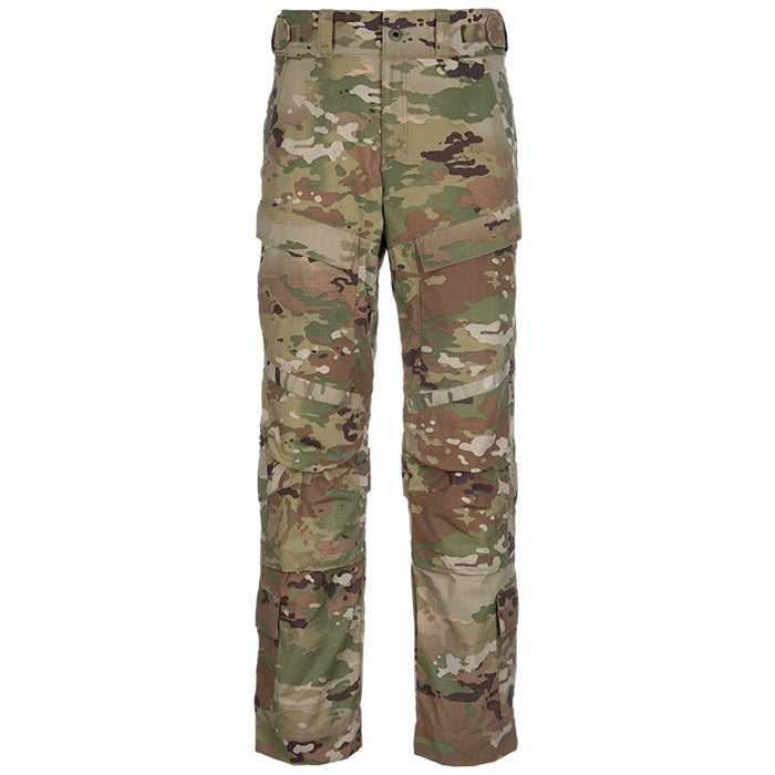 Product shot of US Army OCP camouflage combat trousers featuring multiple pockets reinforced knees and a muted green brown and tan color palette