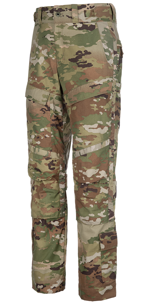 Product shot of OCP camouflage military pants featuring multiple pockets, a buttoned waistband, and a unique blend of green, brown, and tan colors