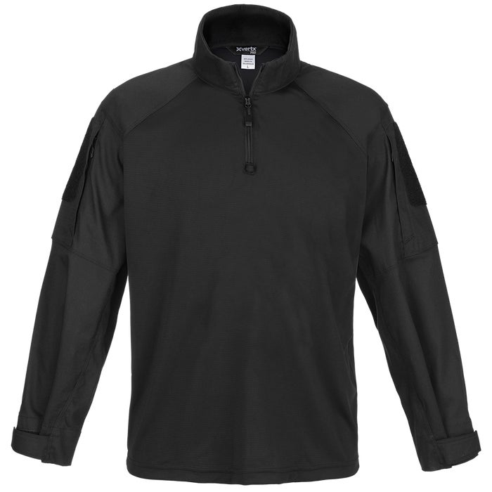 Product shot of a black XVERT tactical long-sleeve shirt featuring a half-zip closure and two sleeve pockets with hook-and-loop patches showing subtle texture and a minimalist design