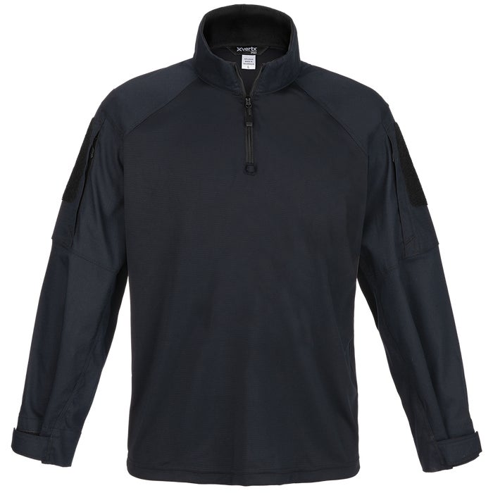 Product shot of a dark navy XVERTEX long-sleeve shirt featuring a half-zip closure, two chest pockets with Velcro, and adjustable cuffs
