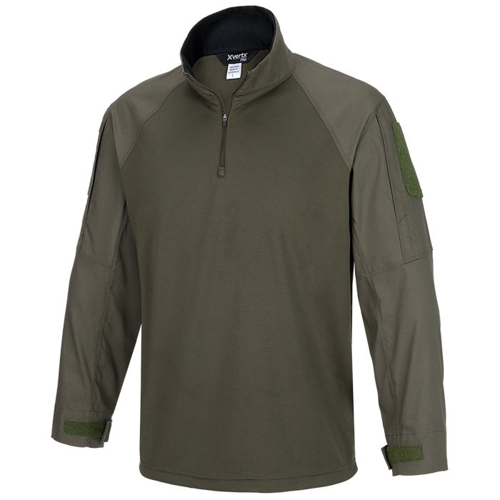 Xvert Pro olive green tactical shirt featuring a half-zip closure, reinforced elbows, and adjustable cuffs with hook and loop closures