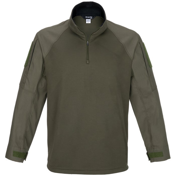 Product shot of an olive-green Xvertx long-sleeve shirt featuring a half-zip closure, contrasting black collar, and adjustable sleeve cuffs