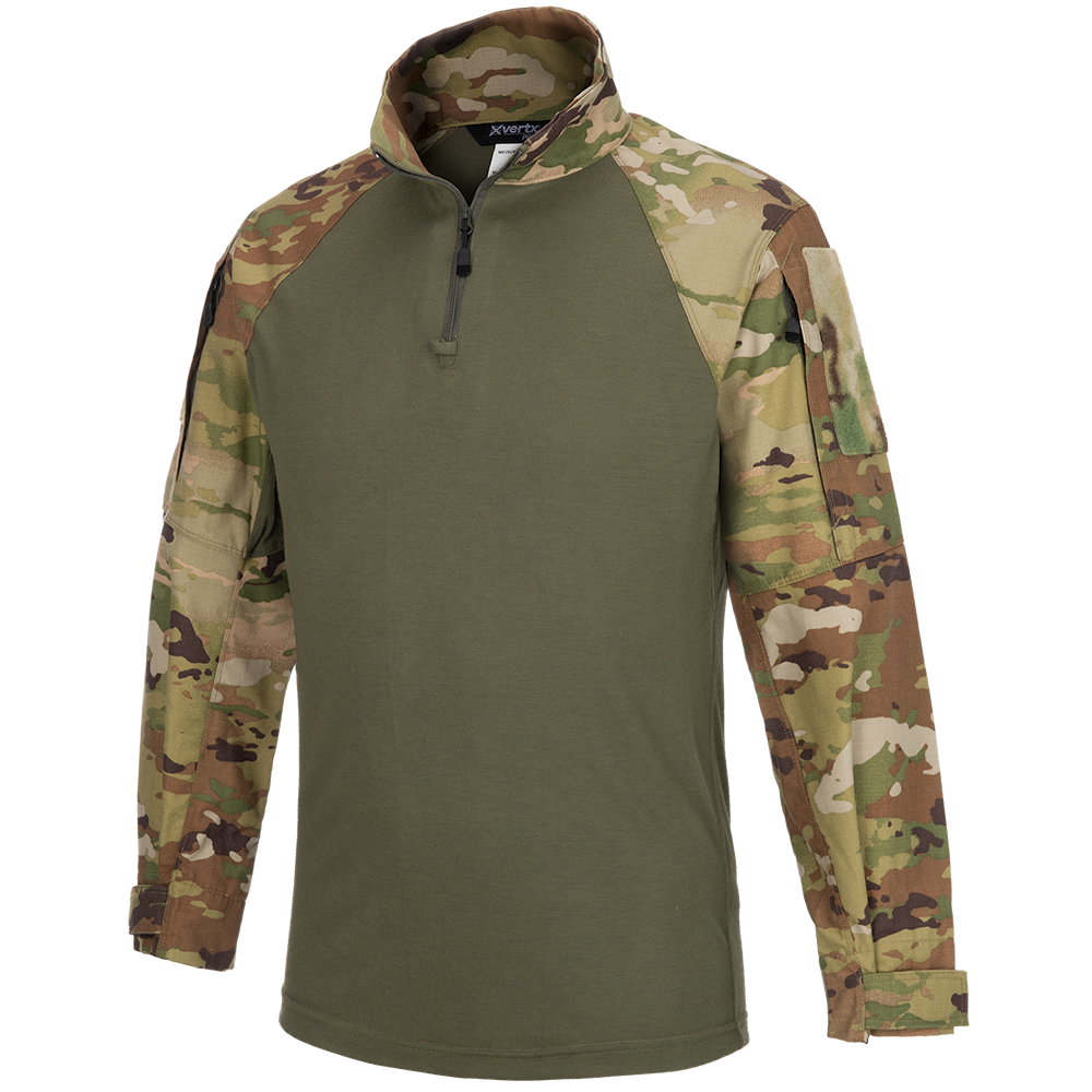 XVertx camouflage long-sleeve shirt featuring a half-zip closure, olive green body, and multi-toned sleeve patches in tan, green, and brown.