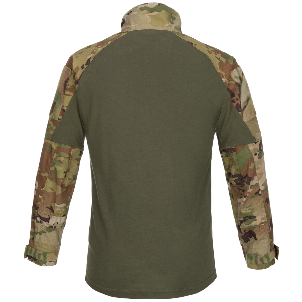 Product shot of a long-sleeved shirt in OCP camouflage featuring tan, green, and brown tones with elbow patches showcasing a military-style design