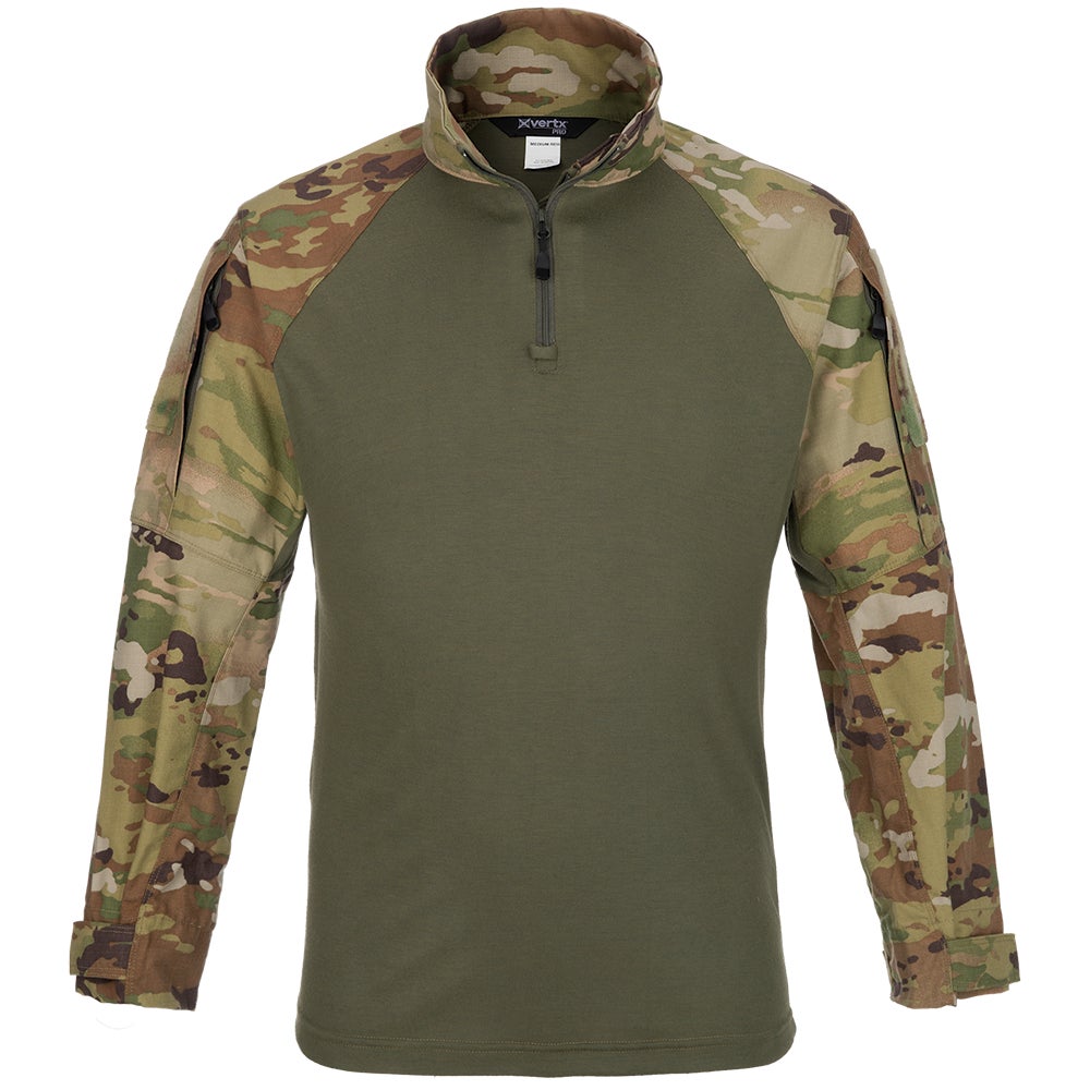 XVertx long sleeve shirt features a camouflage pattern with olive green body, half-zip closure and adjustable cuffs showcasing a blend of greens browns and tans