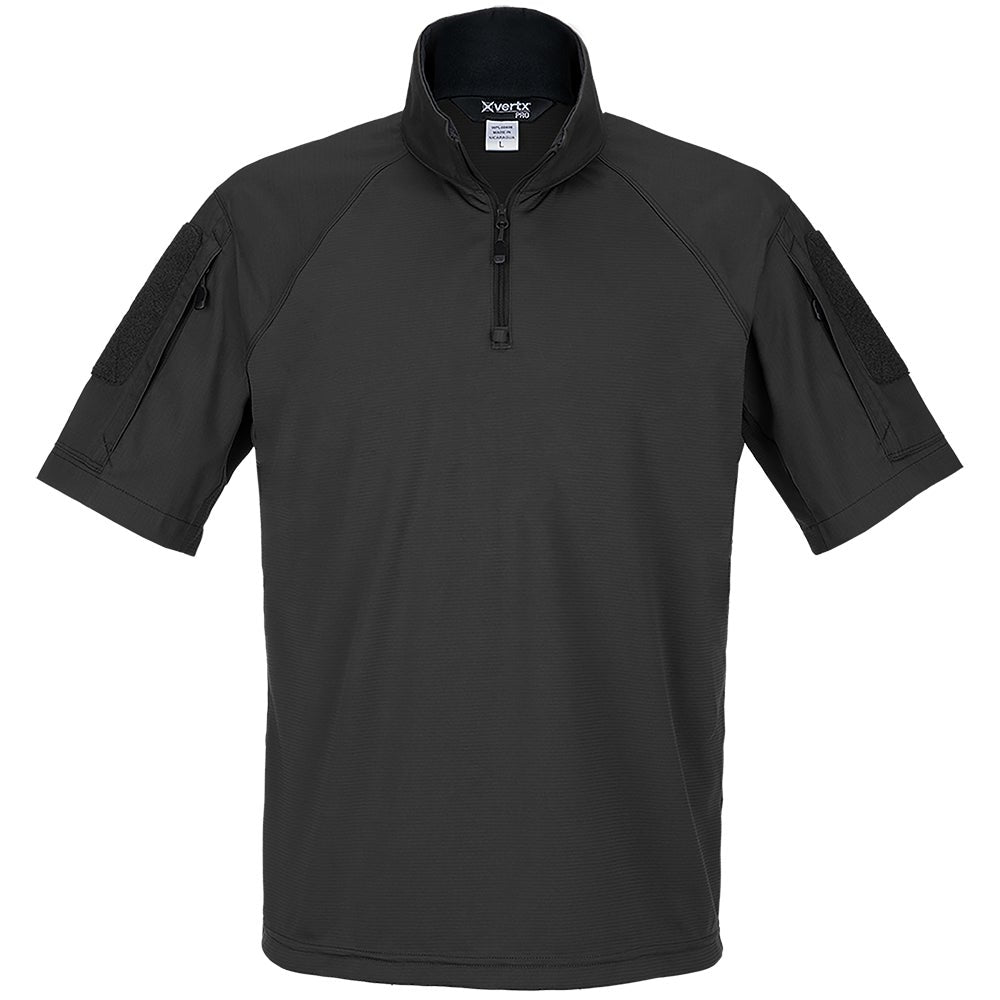 Product shot of a black XVertx Pro short sleeve tactical shirt featuring a half zip collar and two velcro-closed sleeve pockets showing subtle texture and a small logo