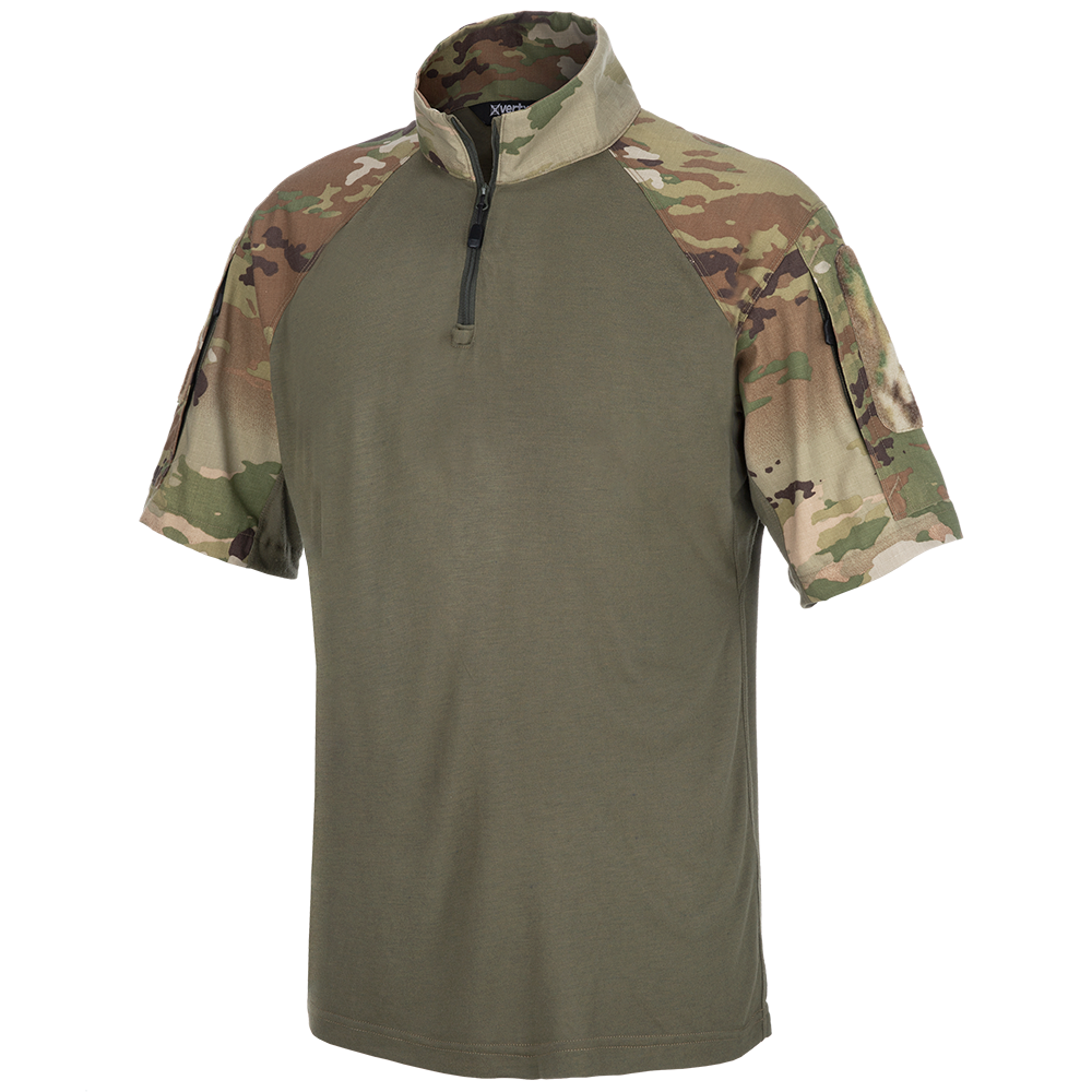 Product shot of a X8 tactical short sleeve shirt featuring a half-zip closure, camouflage sleeves, and a small pocket detail in olive green and tan tones
