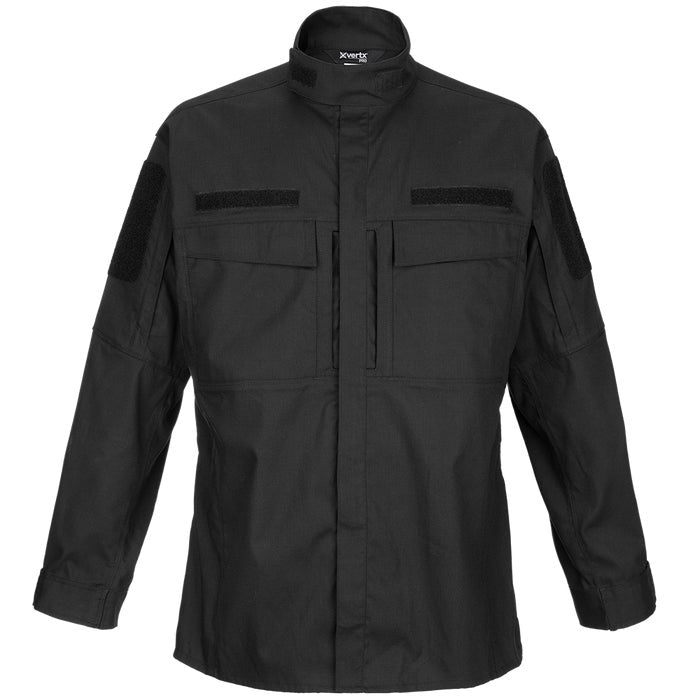 Product shot of a black Xvertx Pro long-sleeved tactical shirt featuring Velcro patches, buttoned pockets, and a high collar