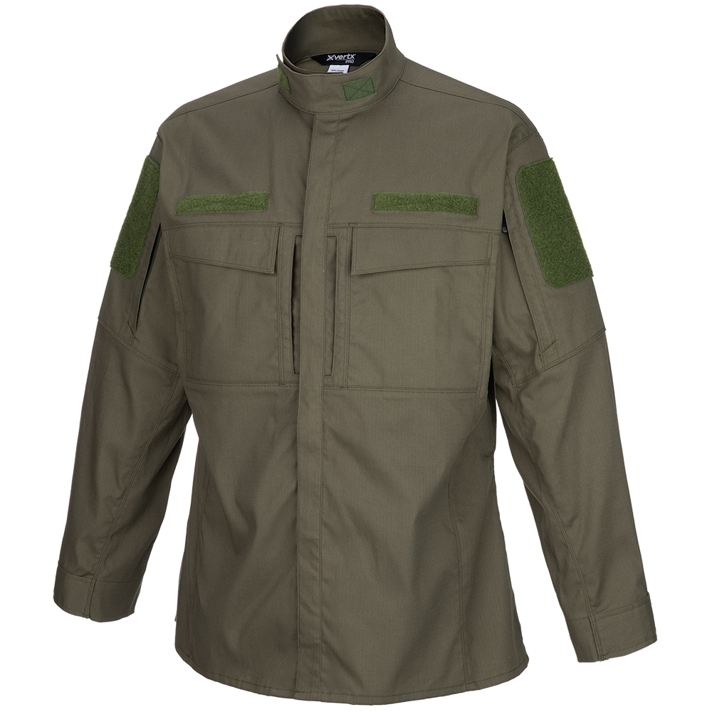 XVERTX Pro olive green tactical shirt featuring two olive green Velcro patches long sleeves and a mandarin collar