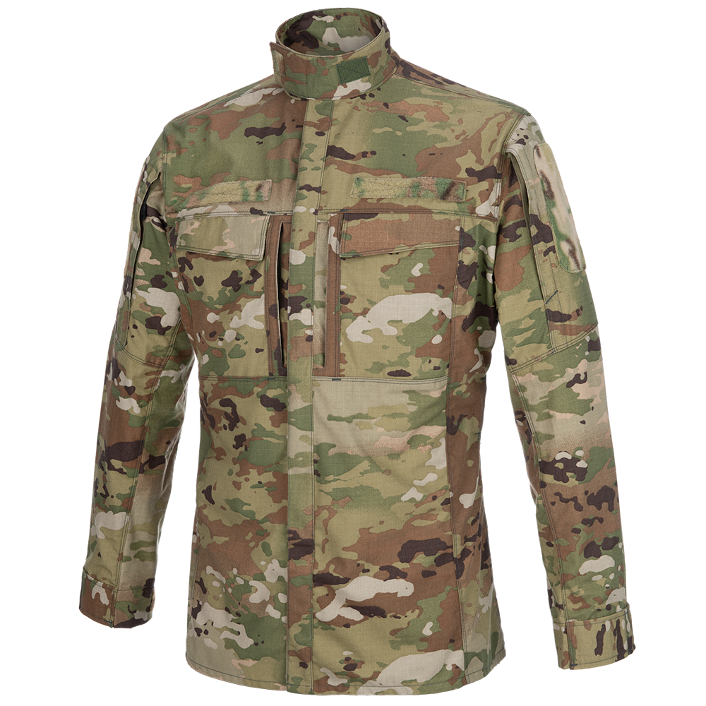 Product shot of a US Army OCP camouflage uniform shirt featuring a high collar, multiple pockets, and a muted green tan brown color palette