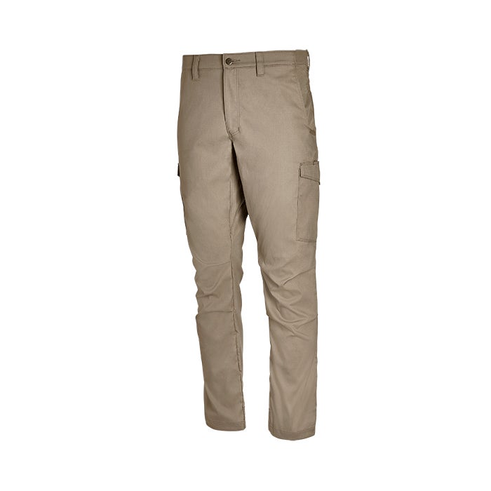 Product shot of tan cargo pants featuring a buttoned waist and two side pockets with subtle texture and creasing