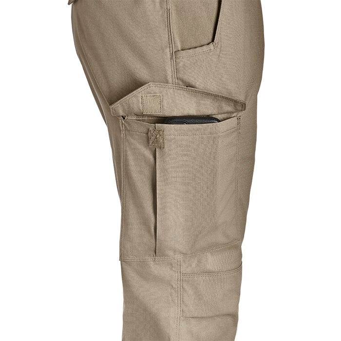 Product shot showing khaki tactical pants with multiple pockets a cell phone in one pocket and velcro closures