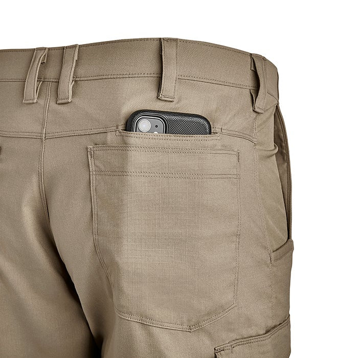 Product shot of tan cargo pants with a phone in the back pocket showing detailed stitching and a subtle texture.