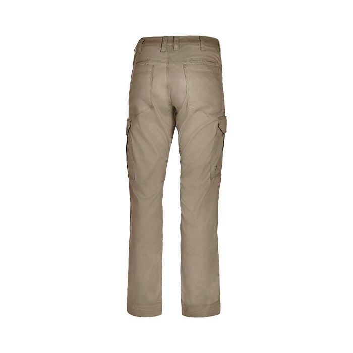Product shot showing a pair of khaki cargo pants with multiple pockets and a comfortable, relaxed fit